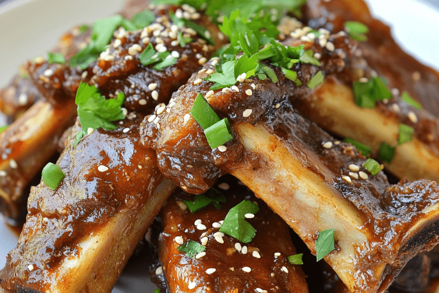 Beef ribs with a smoky glaze served on a wooden board, showcasing tender meat with a rich, caramelized coating.