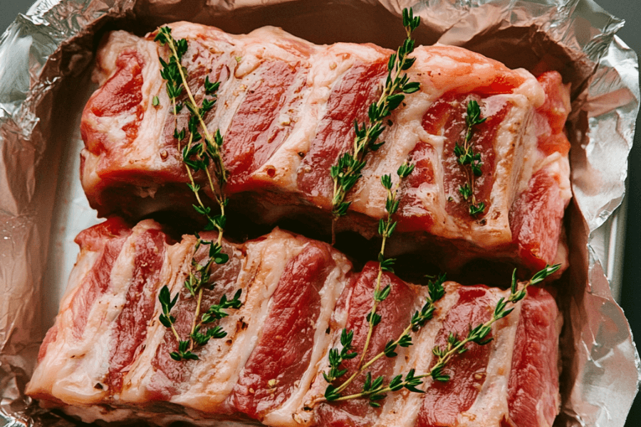 Two racks of raw ribs seasoned and topped with fresh sprigs of thyme, placed on foil in a baking tray, ready for cooking.