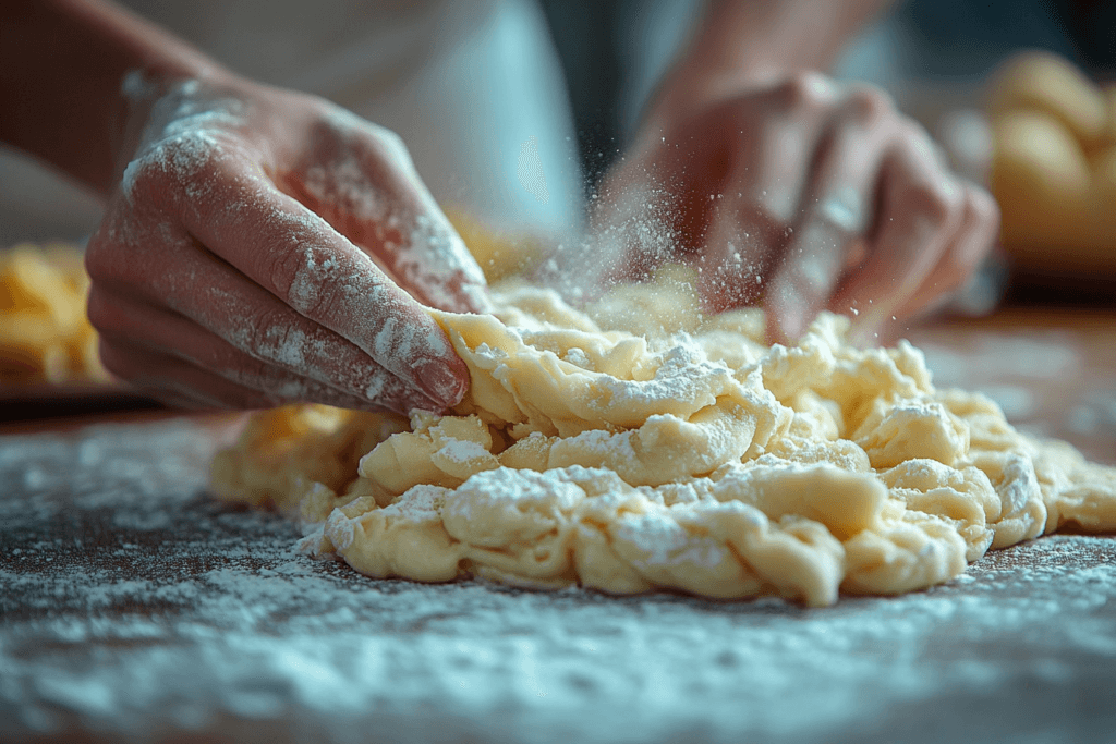 Close-up of hands kneading dough on a floured surface, with flour dust rising in the air.