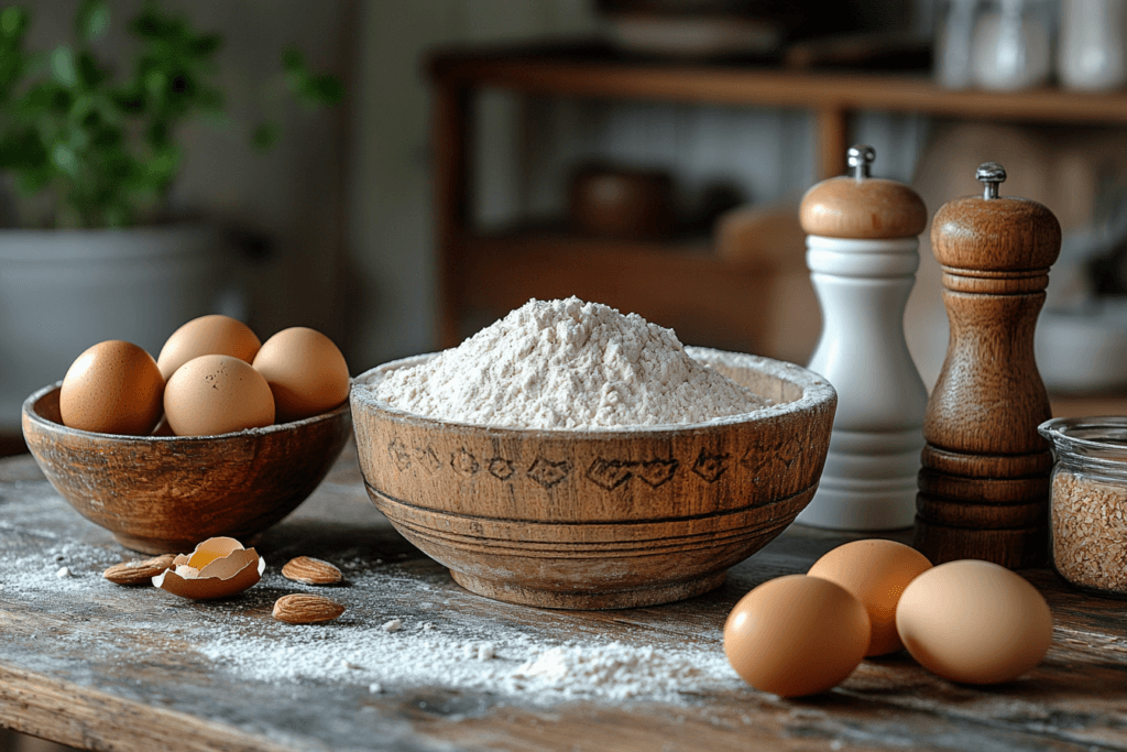 
A beautifully arranged kitchen counter with gluten-free baking ingredients like almond flour, eggs, and a mixing bowl