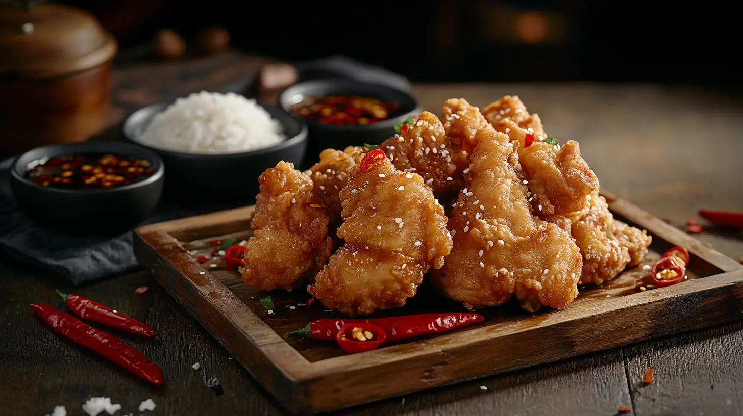 Chinese-style crispy fried chicken with soy sauce and rice