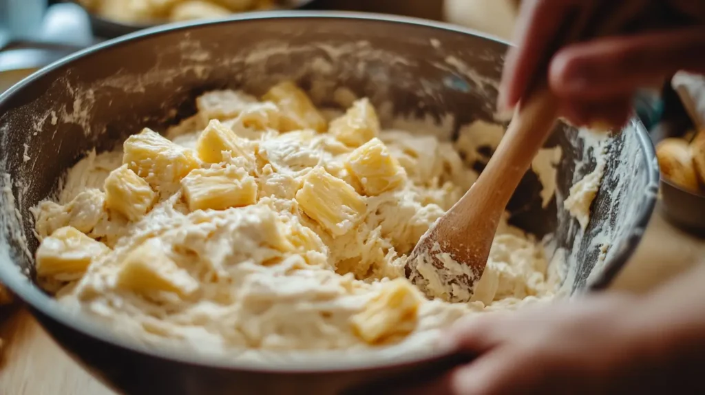 Mixing pineapple banana bread batter in a bowl