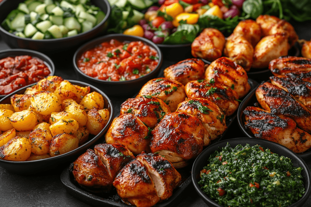 A beautifully arranged spread featuring grilled chicken pieces, roasted baby potatoes, fresh salads, vibrant tomato-based dips, and a bowl of herb-rich tabbouleh, creating a colorful and hearty meal.