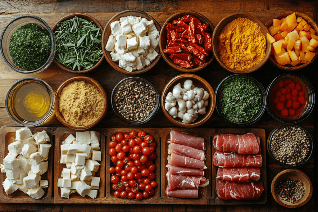 
A flat-lay image of a pantry with staple ingredients like olive oil, spices, and chicken stock