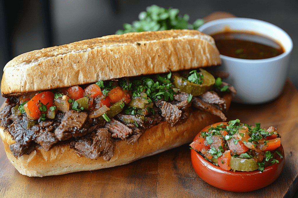 “Freshly prepared thin-sliced Italian beef soaked in flavorful broth.”