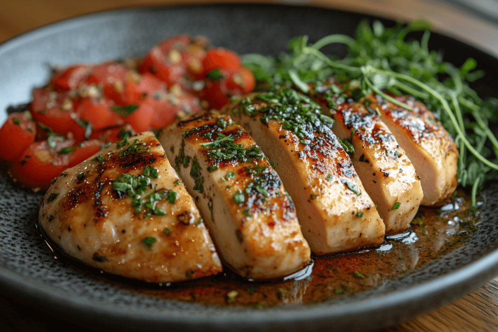 A plate of beautifully cooked chicken breast with a side of fresh herbs