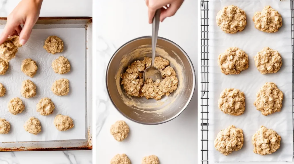 Step-by-step images of making banana bread cookies, from mixing to baking.