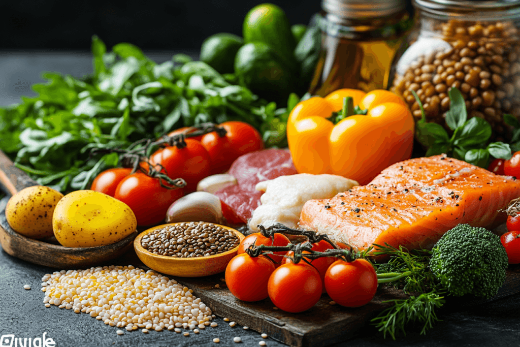 A colorful assortment of fresh ingredients including salmon fillet, cherry tomatoes, yellow potatoes, orange bell peppers, leafy greens, broccoli, grains, seeds, and jars of lentils and olive oil, all arranged on a rustic wooden board.