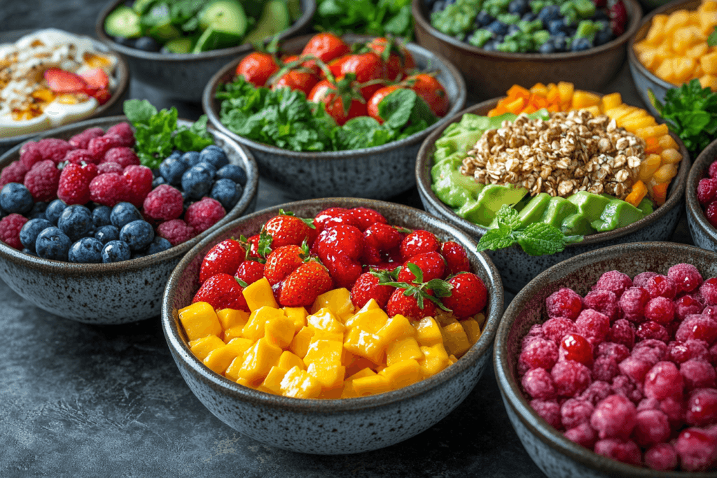 An array of vibrant bowls filled with fresh fruits, including strawberries, blueberries, raspberries, mangoes, and kiwi, along with granola, avocado slices, leafy greens, and yogurt, creating a colorful and healthy spread.