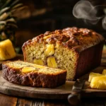 Moist pineapple banana bread loaf sliced on a wooden table