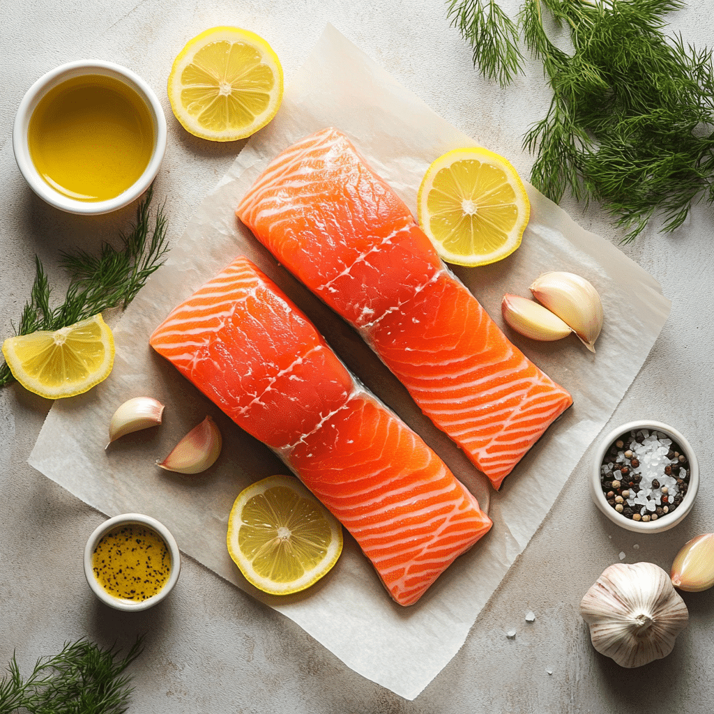  Ingredients for baked salmon including raw fillets, lemon, herbs, and olive oil