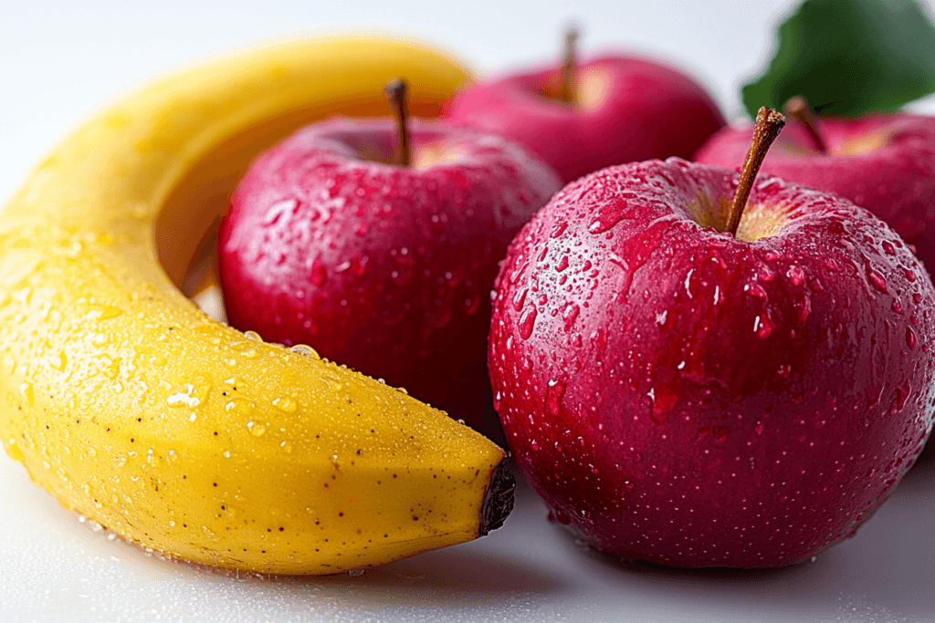"Close-up of a shiny red apple and a yellow banana placed on a wooden table with natural sunlight.