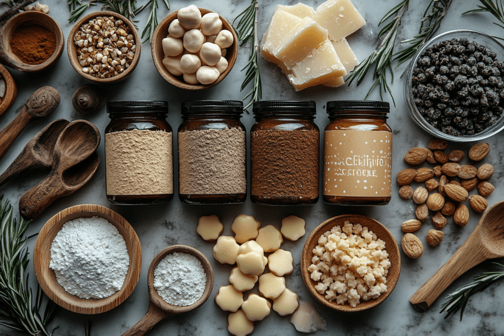 A flat-lay of baking and culinary ingredients, including jars of powders, cocoa, nuts, dried berries, flour, butter pieces, and sugar crystals, surrounded by wooden spoons and sprigs of rosemary on a marble surface.