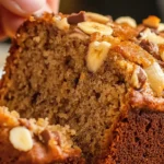 A hand holding a slice of banana bread with chocolate chips and nuts on top, showing its moist and fluffy texture.