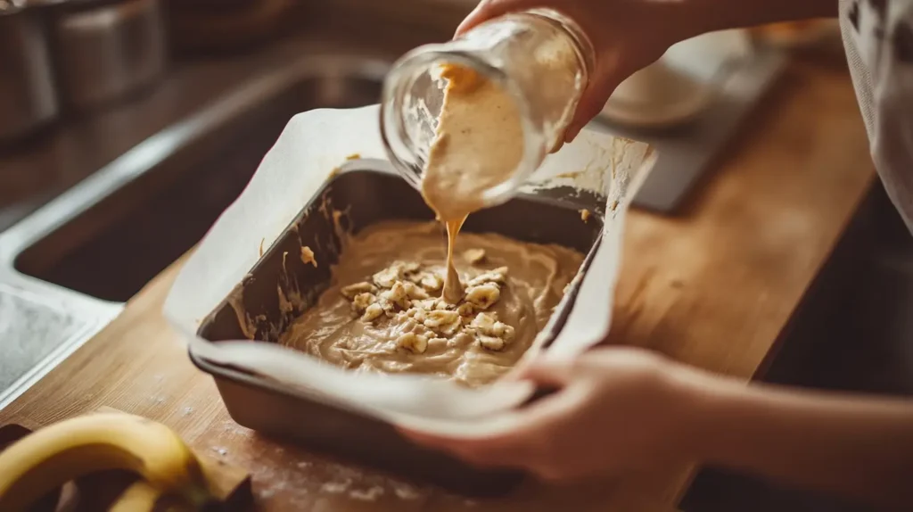 Pouring banana bread batter into a loaf pan for baking.