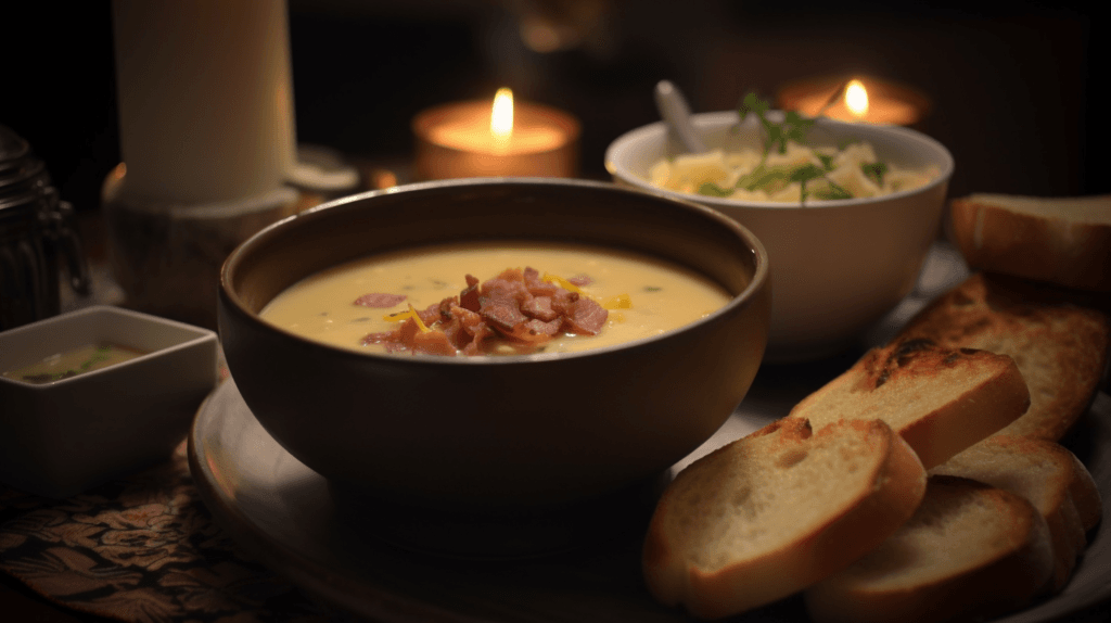 Bowl of Old-Fashioned Potato & Bacon Soup with bread