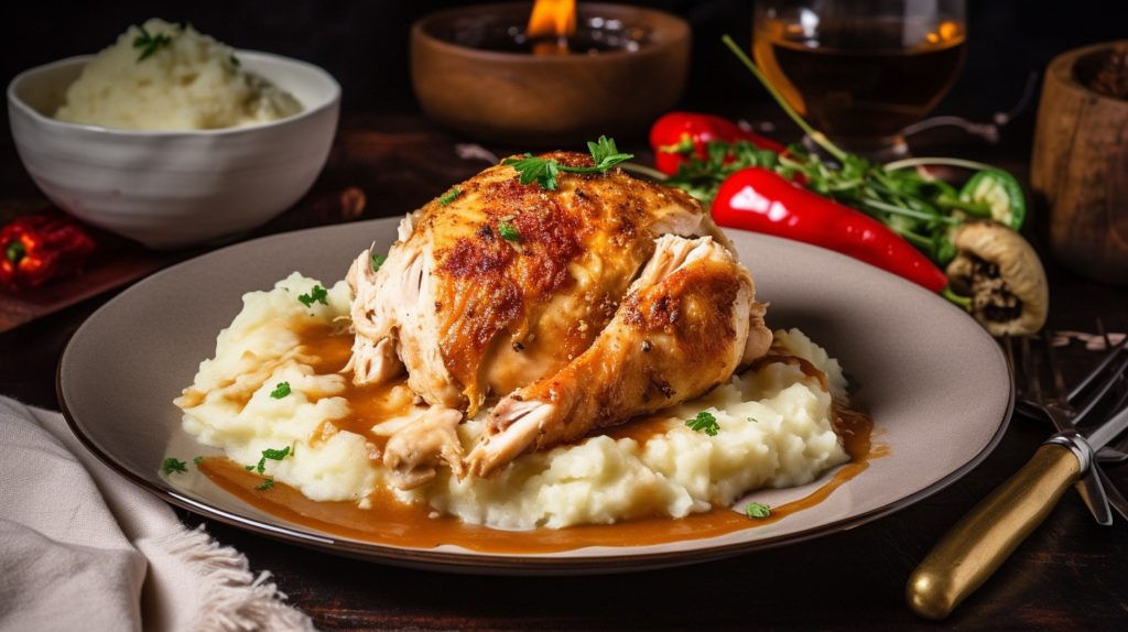 Mississippi Chicken served over mashed potatoes with sauce