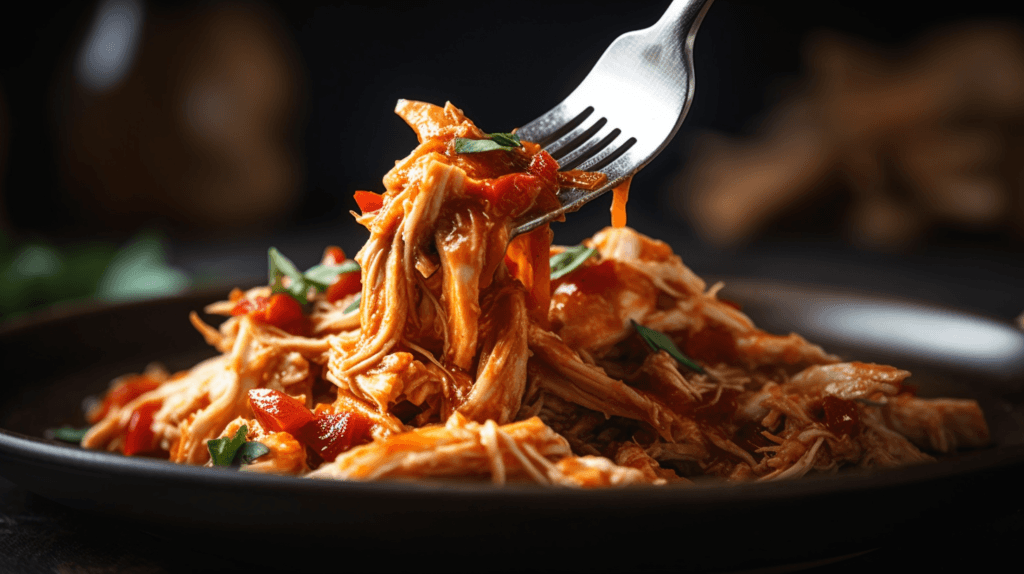 A fork lifting a bite of shredded Mississippi Chicken