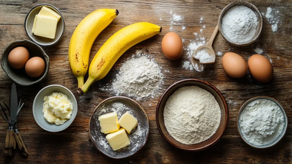 Ingredients for making banana bread with 2 bananas.