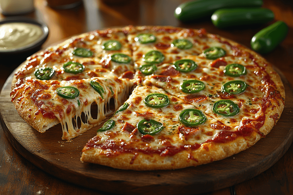 Alt: Featured image of a spicy jalapeno pizza with fresh toppings.