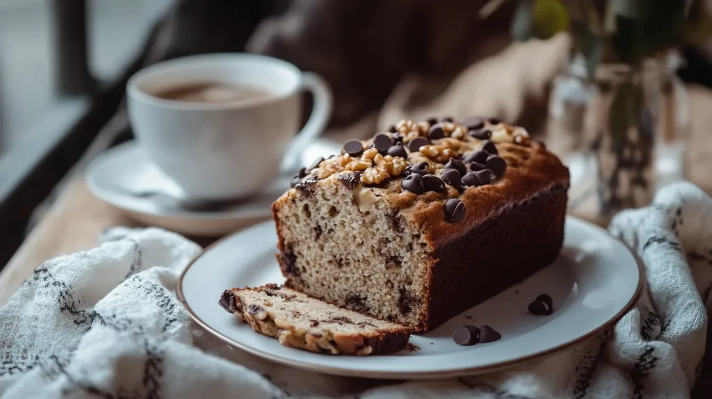 Sliced banana bread with chocolate chips and walnuts