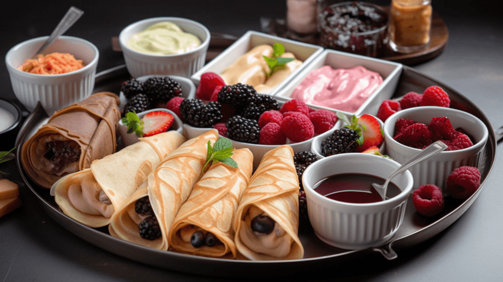 The image shows a beautifully arranged crepe platter featuring various fillings, sauces, and fresh fruits. The crepes are rolled and filled with different ingredients, such as cream, berries, and chocolate. The platter includes bowls of fruit like raspberries, blackberries, and strawberries, as well as sauces such as berry compote, chocolate, and flavored creams. Some crepes have a chocolate-flavored wrap, while others are traditional light-colored crepes.