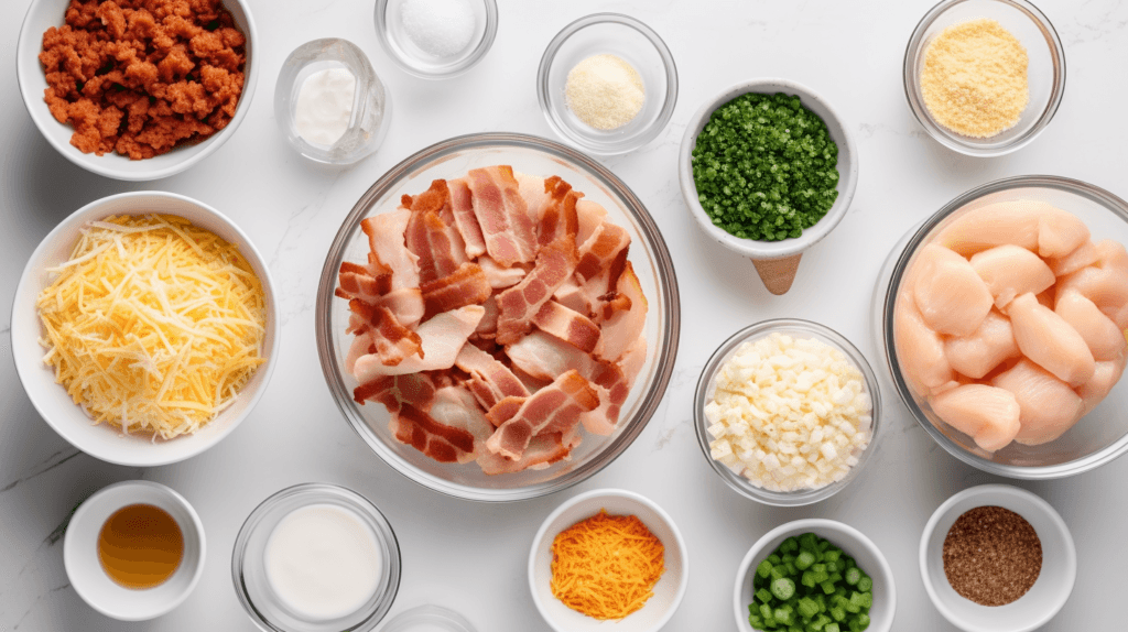 Ingredients for chicken bacon ranch tater tot casserole on a countertop