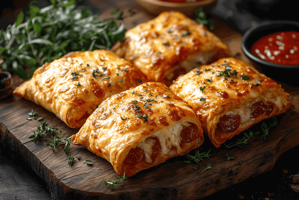 Crispy pizza pockets with melted cheese and pepperoni