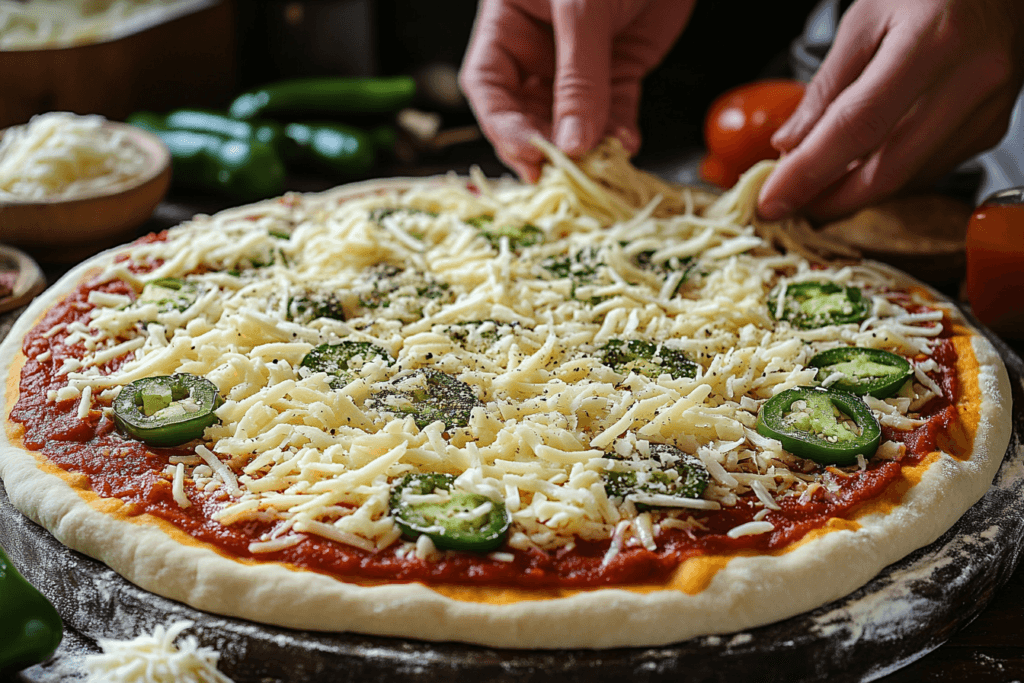Step-by-step jalapeno pizza preparation.