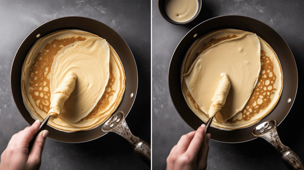 Pouring crepe batter into a pan