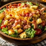 Cornbread Salad in a wooden bowl with fresh ingredients