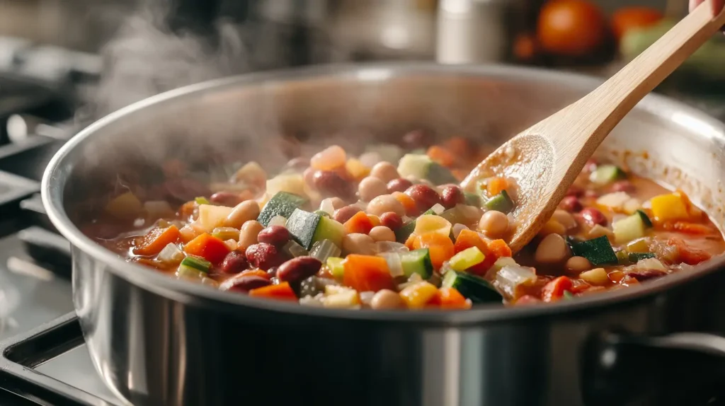 A pot of Olive Garden minestrone soup simmering on the stove