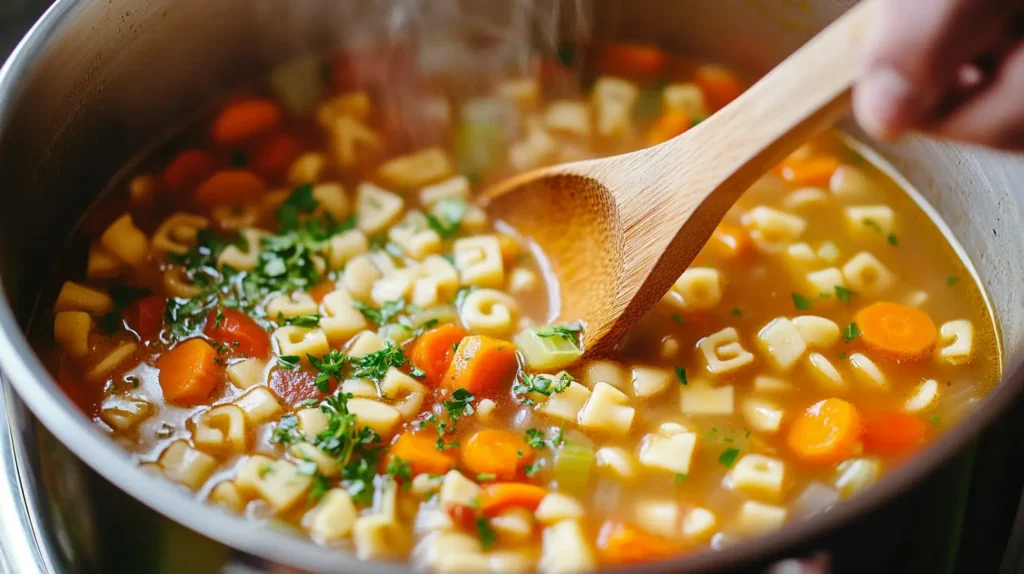 A pot of homemade alphabet soup being stirred.