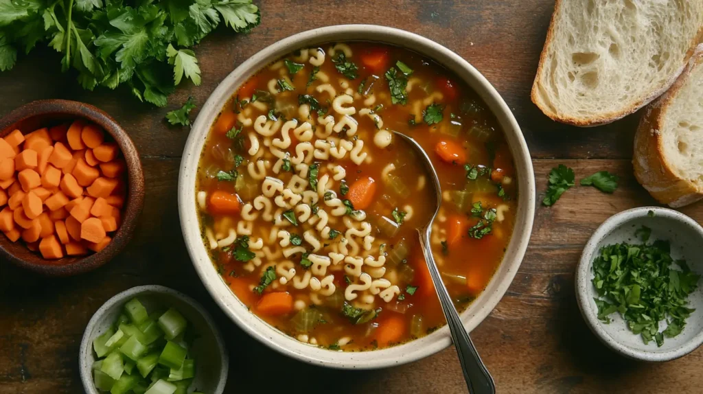 A bowl of homemade alphabet soup with fresh vegetables and pasta letters.