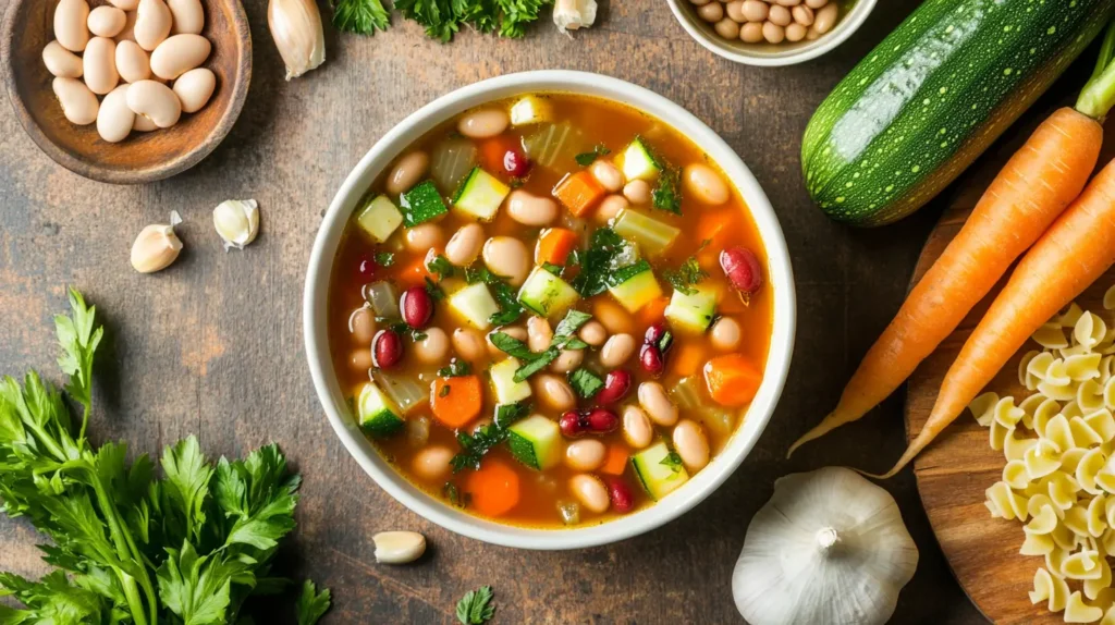 Fresh ingredients for Olive Garden minestrone soup laid out on a kitchen counter.