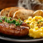 A breakfast plate with homemade sausage patties.
