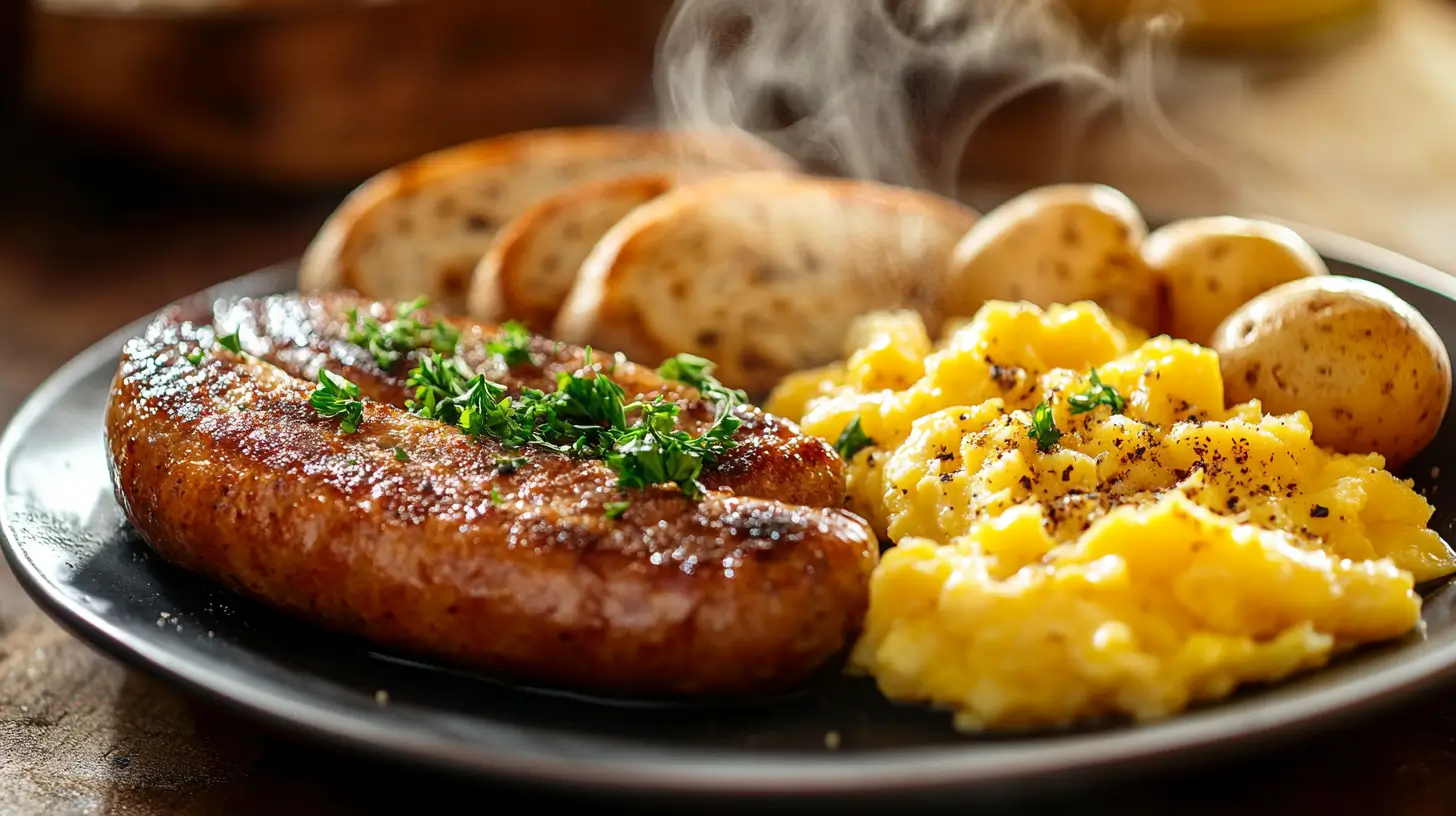 A breakfast plate with homemade sausage patties.