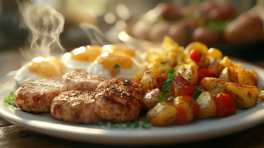 A breakfast plate with homemade sausage patties.