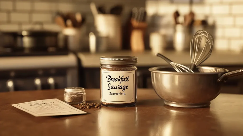 Mixing homemade breakfast sausage seasoning in a kitchen.