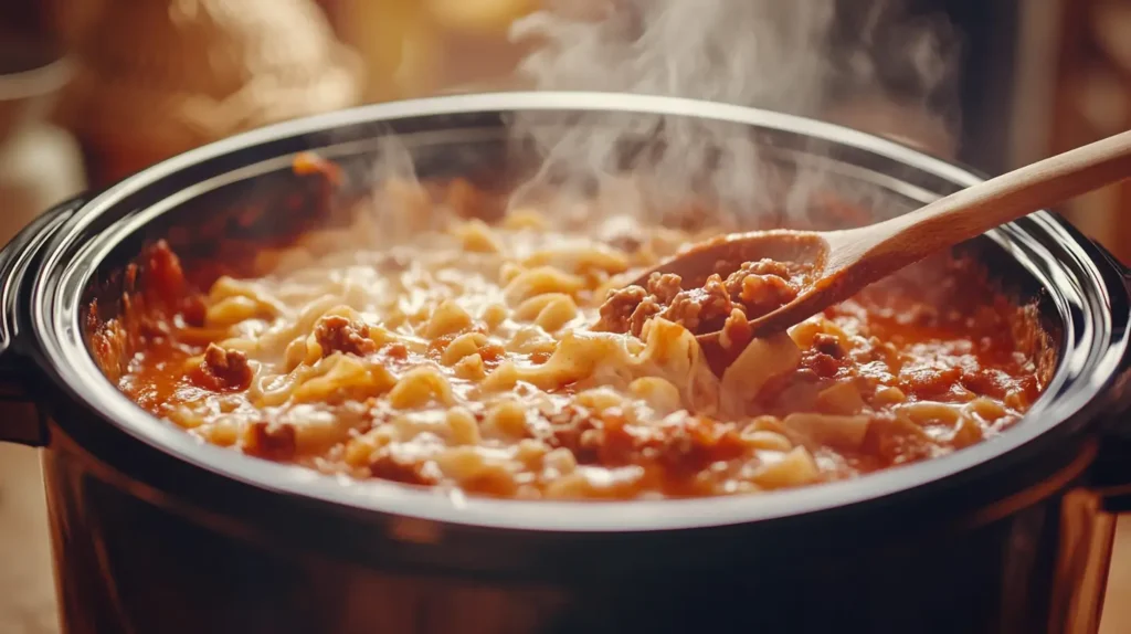 A slow cooker filled with simmering lasagna soup, steam rising.