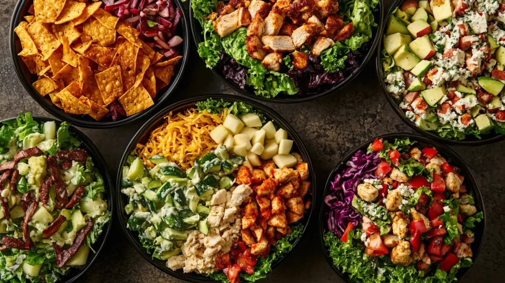 A variety of Wendy’s salads including Taco, Cobb, and Avocado Chicken.