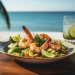Shrimp and avocado salad plated at a tropical beachside restaurant