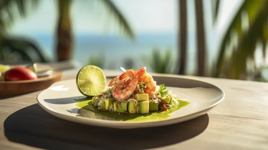 Vibrant shrimp and avocado salad on a bamboo table with an ocean view.