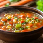 A steaming bowl of alphabet soup with fresh vegetables.