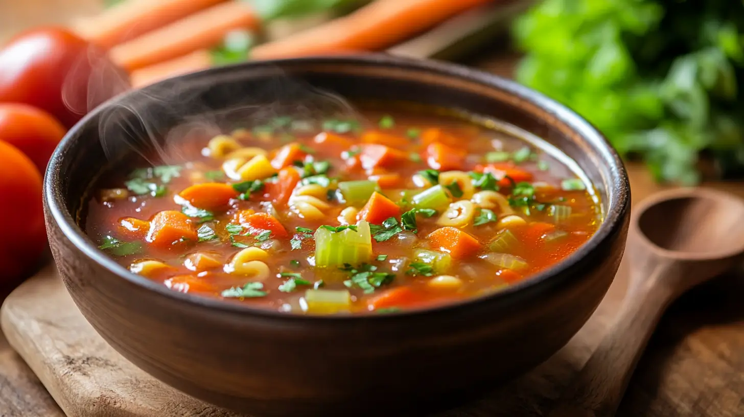 A steaming bowl of alphabet soup with fresh vegetables.