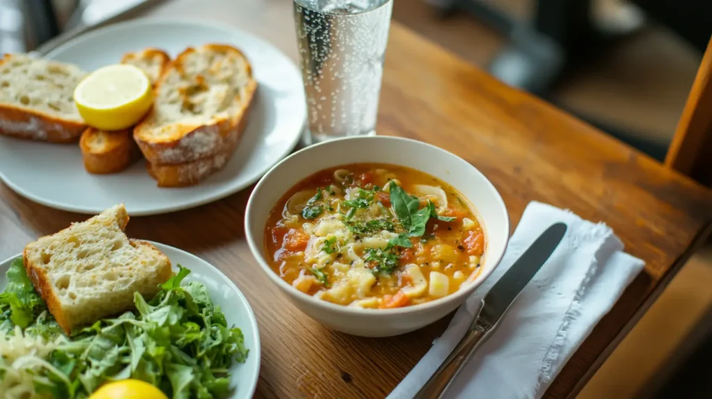A bowl of minestrone soup served with garlic bread and salad.