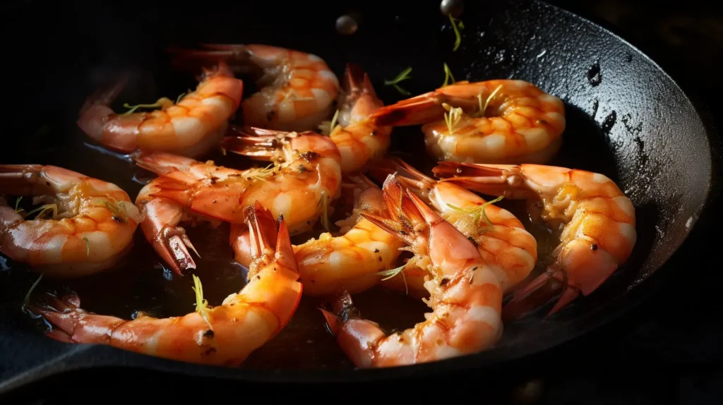 Fresh shrimp cooking in a cast-iron skillet with garlic and spices.