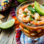 Traditional Mexican shrimp cocktail garnished with avocado and lime.