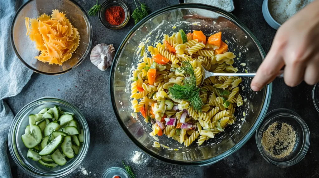 Steps in preparing dill pickle pasta salad