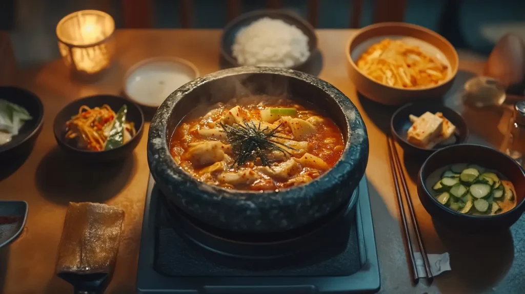 Korean tofu soup with traditional side dishes on a wooden table
